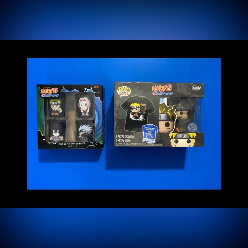 🎁 New! Bundle Funko Pop Naruto Shippuden + t-shirt Sz S New & 4 set Shot Glasses